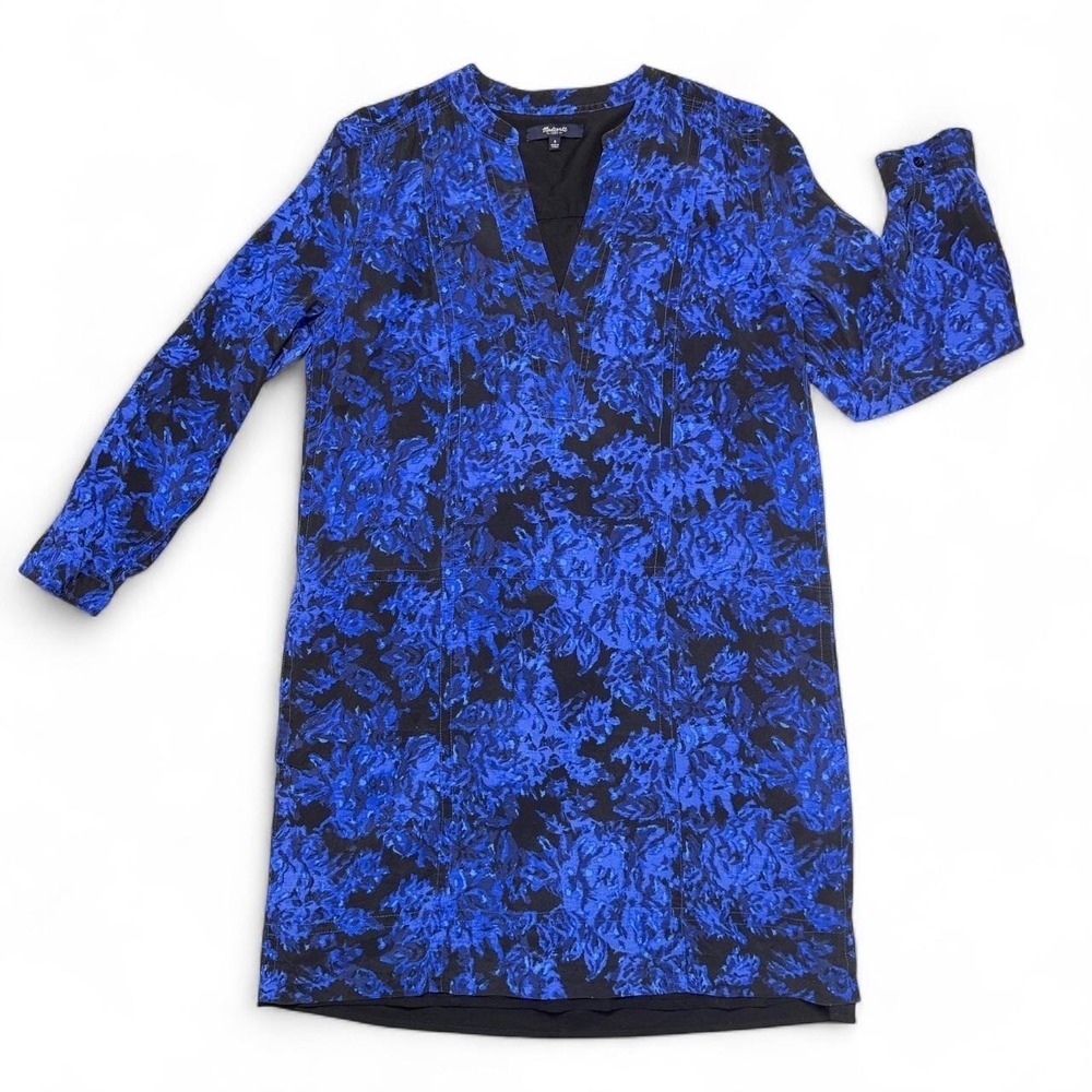 Madewell 100% Silk Cobalt Blue & Black Floral Shift Dress Size Small